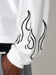 SUMWON Crop Fit Long Sleeve V-Neck Satin Tee With Large Graphic Print - White - View 6