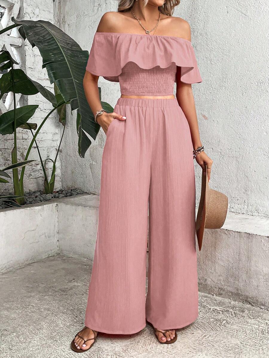 Breezaya Bộ đồ hai mảnh màu hồng cho nữ, áo trễ vai boho mùa hè giản dị và quần ống rộng - Hồng - Xem 1