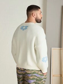 Mainfolk 大码男士花卉针织保暖圆领长袖毛衣，秋冬款 - 彩色 - 查看 3