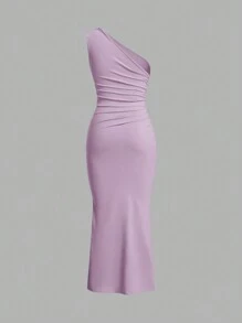 SHEIN EZwear Đầm dài nhún vai chéo, màu trơn ôm vừa vặn, đơn giản, mặc hàng ngày - Màu Lilac Tím - Xem 2