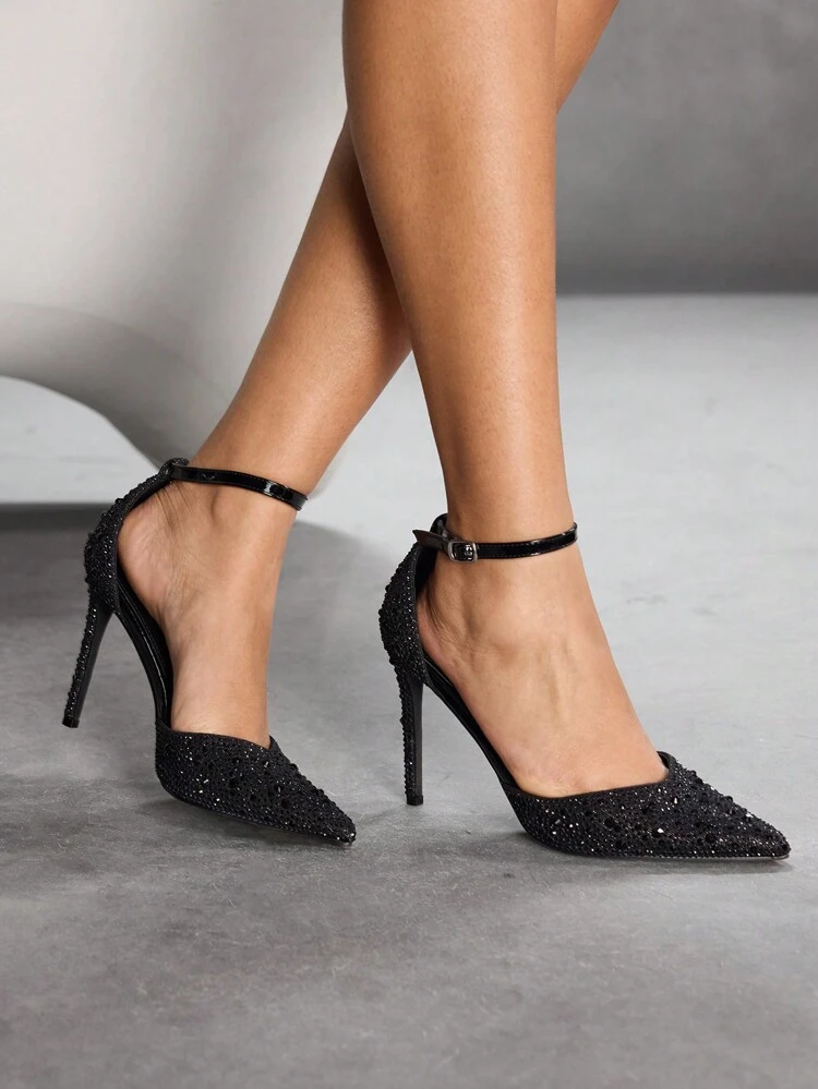 CUCCOO SZL Women's Fashion Black Full Rhinestone Ankle Strap Pointed Toe Stiletto High Heel Pumps For Date, Party, Festival Spring Shoes Spring Break Easter Prom Heels For Christmas Spring Shoes