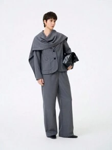 Aalyst Women Retro Elegant Fashion Long Sleeve Collar Scarf Jacket And Straight Solid Color Pants Suit, Comfortable For Commuting
