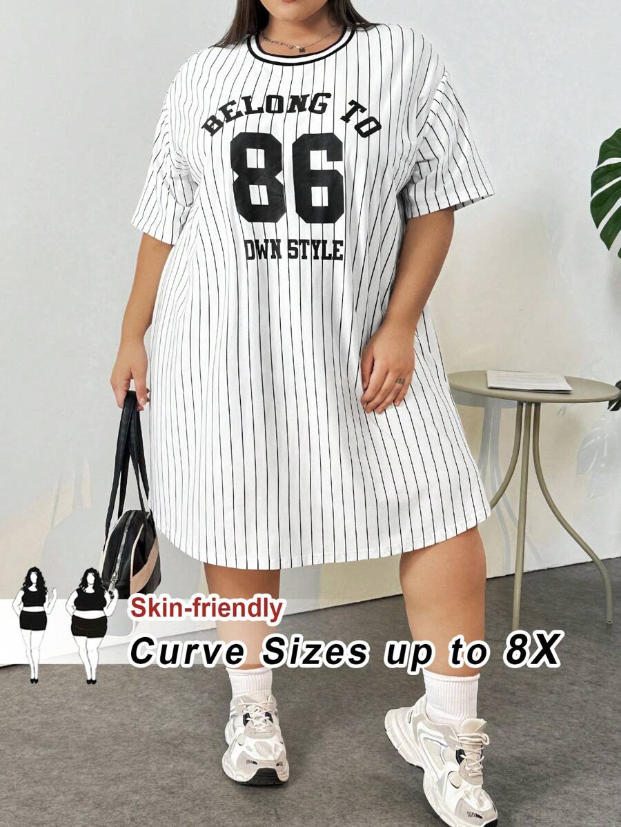 SHEIN CURVE+ Plus Size Loose Sports Letter Dress For Summer - Black and White - View 1