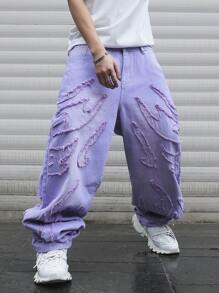 Manfinity EMRG Quần jean ống rộng ống rộng, dáng suông, viền tua rua, phong cách Emo dành cho nam - Màu tím hoa cà - Xem 7