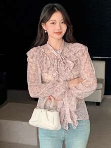 DAZY Blouse à col volant à fleurs ditsy pour femmes, Top à manches longues pour femmes en automne