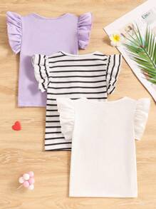 SHEIN 三件套女童休闲热带水果印花白色短袖上衣、紫色T恤、黑白条纹T恤，百搭夏季装 - 白色 - 查看 2