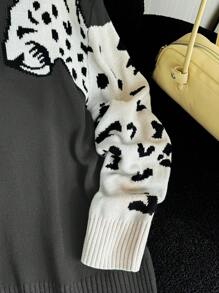 SHEIN Privé 大码女式优雅针织保暖毛衣，采用虎纹和豹纹拼色设计，适合通勤、工作场所、下午茶、约会、居家、办公室、圣诞节 - 彩色 - 查看 4