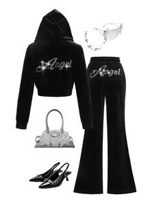 SHEIN Tween Girls Casual & Elegant Zwart Fluwelen Strass Versierde Capuchon Rits Top En Zak Broek Casual Sport Pak 2-delige Set, Geschikt Voor Dagelijkse Herfst Winterkleding, Terug Naar School, Casual Gelegenheden