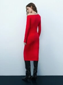 Maija Women's Red Elegant Autumn Party Knit Dress,Bordeaux Asymmetric Neck Loose Raglan Long Sleeve Floral Textured Midi Dresses,Valentine's Day Apparel - Burgundy - View 4