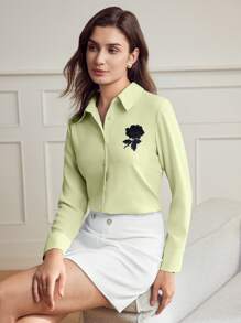 MOTF Classy FLORAL EMBROIDERY BUTTON UP SHIRT - Mint Green - View 5