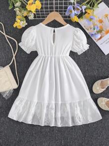 SHEIN Girls' V-Neck Puff Sleeve Princess Dress, Glitter & Sequin Decor Puffy Tulle Skirt, Spring/Summer - White - View 2