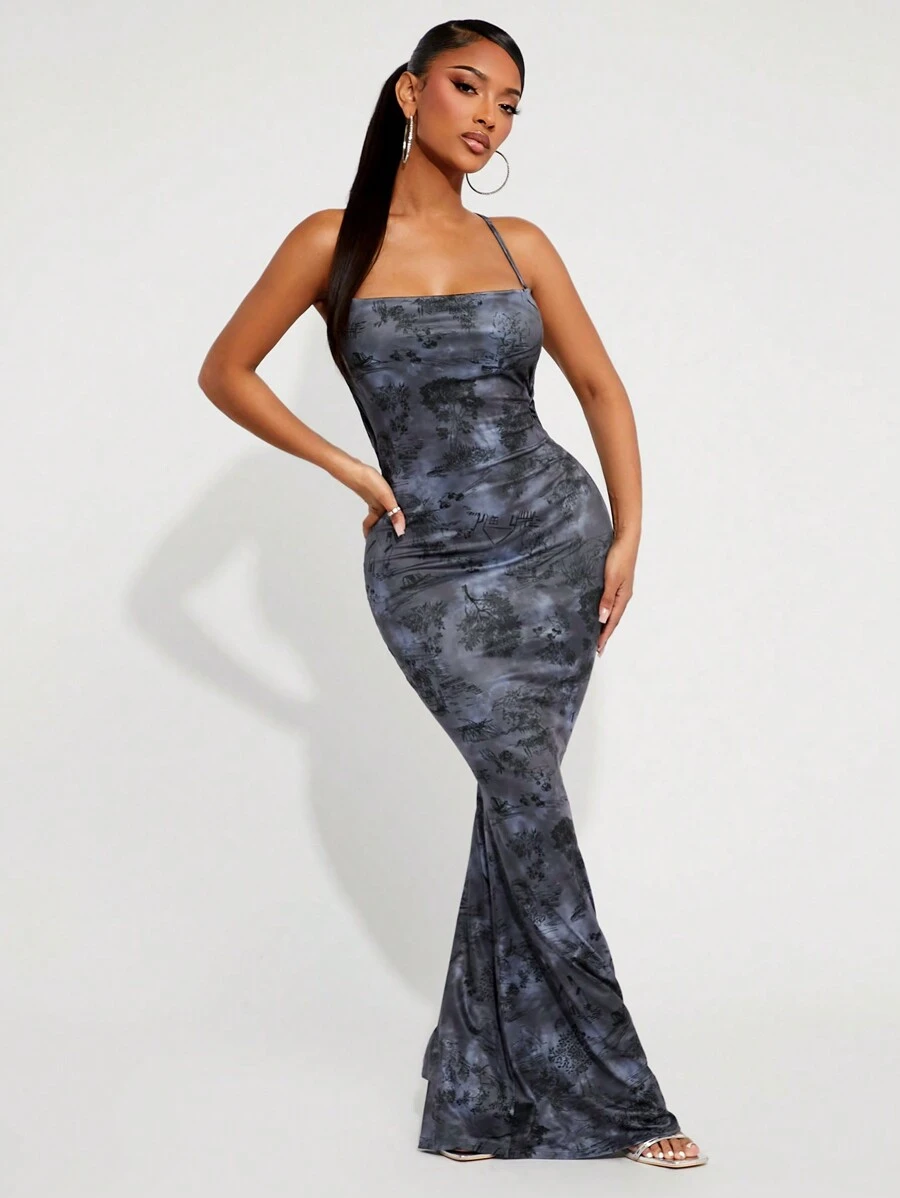 SHEIN SXY Damen Botanik Muster rückenfreies Kleid mit Bindedetail und Fishtail-Saum, figurbetont