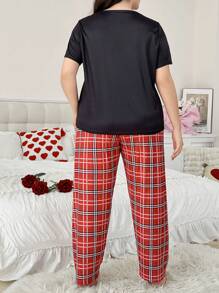 浪漫心形格子印花短袖和长裤睡衣套装，加大码