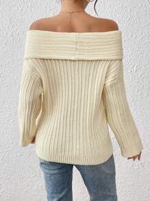 Chiquease Off Shoulder Flared Sleeve Solid Color Sweater, Casual Autumn/Winter Knit Pullover Fall Sweater - Beige - View 2