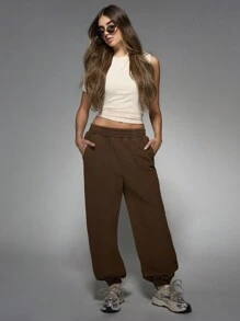 MISSGUIDED 运动超大运动裤慢跑裤宽松抽绳冬季秋季休闲运动都市街头服饰家居服舒适厚羊毛卷边 - 棕色 - 查看 5