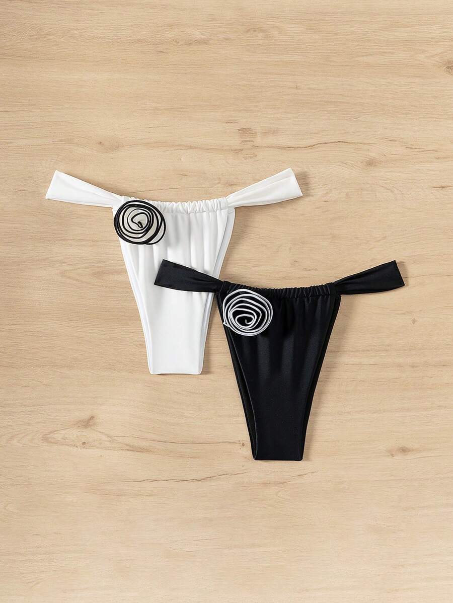 SHEIN Swim 夏季 2 件套女士性感花朵丁字裤泳衣套装,适合海滩 - 黑與白 - 查看 1