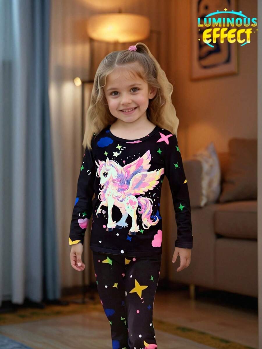 2 件女孩少女独角兽、星星、云朵印花长袖上衣和紧身裤紧身睡衣套装