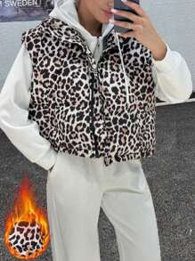 Flirla 1 pieza Abrigo sin mangas acolchado con estampado de leopardo, ropa casual para invierno