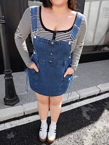 SHEIN EZwear Plus Size Women Dual Pocket Drawstring Casual Denim Dungaree Dress - Medium Wash - View 3