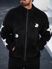 Manfinity Homme Men's Casual Star Applique Fleece Jacket, Autumn/Winter - Black - View 5