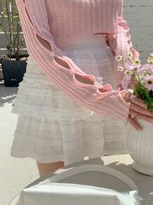 DAZY 女士蕾丝拼布短裙，多层，白色，春夏，荷叶边 - 杏色 - 查看 4