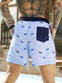 Surfspeed Men's Drawstring Waist All-Over Print Beach Shorts Men Swim Trunks - Blue - View 2