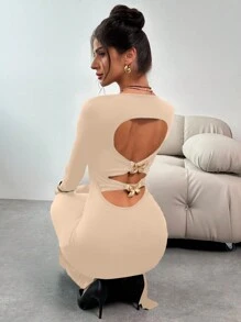 Firerie Mùa thu cho phụ nữ thanh lịch gợi cảm thời trang hở lưng bướm kim loại trang trí dài tay bodycon váy đen cho bữa tiệc - Màu Khaki - Xem 7