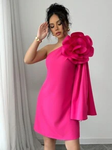 Elenzga 优雅 3D 花卉装饰单肩喇叭袖连衣裙