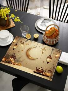 1buc/4buc/6buc Ramadan Lantern Moon Star Placemat, Pret alungit din poliester lavabil la masina, Blat protejat, Placemat izolat, Decorare restaurant, Decorat masa, Articole de uz casnic, Potrivit pentru multi oameni, Decorare pentru petreceri