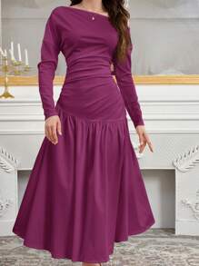 Modelyn Women's Elegant Charm Slanted Shoulder Knit Woven Umbrella Hem Fashion Dress Long Evening Dresses