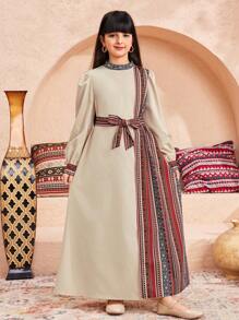 SHEIN Leap Crew Tween Girls' Ramandan Style Long Sleeve Dress - Multicolor - View 3