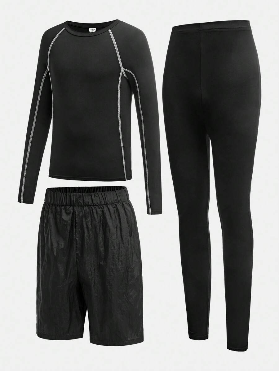 SHEIN Leap Crew 3 件套青少年男孩运动套装：紧身运动套装搭配宽松短裤，休闲学院风，舒适时尚，百搭，可爱柔软，适合日常穿着、上学、户外、运动和骑行 - 黑色 - 查看 1