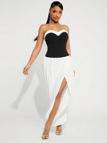 SHEIN SXY White Party/Valentine's Day Dress With Ruffle Collar, Tube, Contrast Color, Slit, Sexy Sleeveless Dress For Women