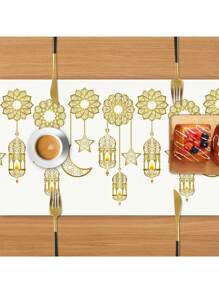 1 pièce Tapis de table en lin doré imprimé pour Ramadan, décoration de fête pour l'intérieur et l'extérieur