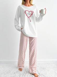 RueChic Cotton 2Pcs Contrast Colour Heart Printed PJ Set - White - View 6