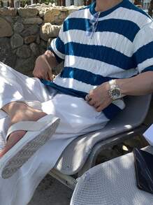 Claim Dot 男士双色拼色粗针织上衣，时尚外出，送给朋友 - 藍白色 - 查看 5