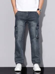 Manfinity Homme Men's Casual Washed Cargo Denim Jeans - Blue - View 3
