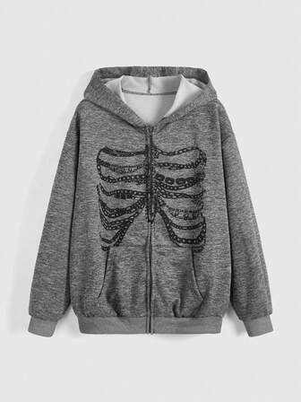 Grunge Punk Damen Grunge Ketten Muster Langarm Reißverschluss Kaschulle Lässig Hoodie