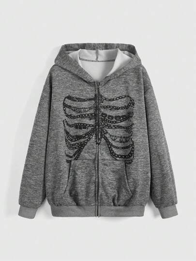 Grunge Punk Women's Grunge Chain Print Long Sleeve Zipper Placket Casual Hoodie