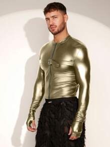 FeverCity Men's Solid Color Long Sleeve PU Leather Zip-Up Jacket, Autumn, For Fall Winter - Army Green - View 5