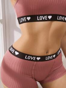 EasyFave Women Letter Design Detail Solid Color Patchwork Minimalist Top And Bottom Underwear Set