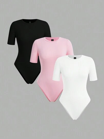 SHEIN BASICS Set de 3 bodys de mujer de unicolor de manga corta y cuello redondo de punto