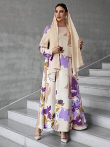 Al Najma 女士土耳其长袍和阿拉伯花卉印花长裙、卡夫坦长袍和贾拉比亚长裙，端庄大方 - 彩色 - 查看 2