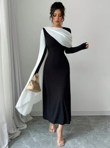 Rafferiza Vestido largo de mujer con cuello redondo de manga larga, asimétrico, de gasa transparente con empalmado de parches en blanco y negro, de estilo original nuevo para vacaciones, citas y fiestas, con cintura alta elástica y cremallera larga, elegante