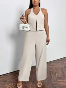 SHEIN Privé 大码春夏休闲优雅通勤办公室女士服装 - 深 V 领露背背心和阔腿裤套装，修身显高 - 杏色 - 查看 1