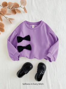 Cozy Pixies Young Girl Fashion 3D Bow Round Neck Dropped Shoulder Pullover Hoodie