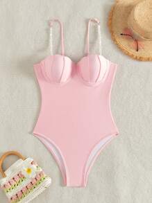 Swim Mod Women's Solid Color Simple Daily Wear One-Piece Camisole Summer - Baby Pink - View 9