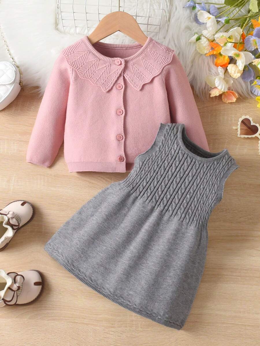 2pcs/Set Baby Girl Cute Knitted Sweater Tank Dress Set, Autumn/Winter - Multicolor - View 1