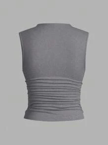 SHEIN Essnce 女式纯色立领无袖褶皱简约上衣，休闲日常穿着 - 彩色 - 查看 6