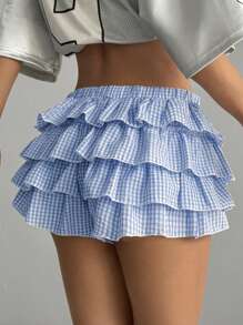 SHEIN EZwear 女士 Y2K Blockcore 运动装浅蓝色格子荷叶边短裤 - 淺藍色 - 查看 5